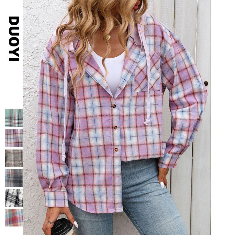 Women's Hooded Plaid Button Down Shirt Jacket Casual Long Sleeve Cotton Blend Top
