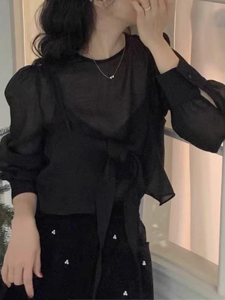 Ribbon Tie Bustier Blouse Set 5COLOR