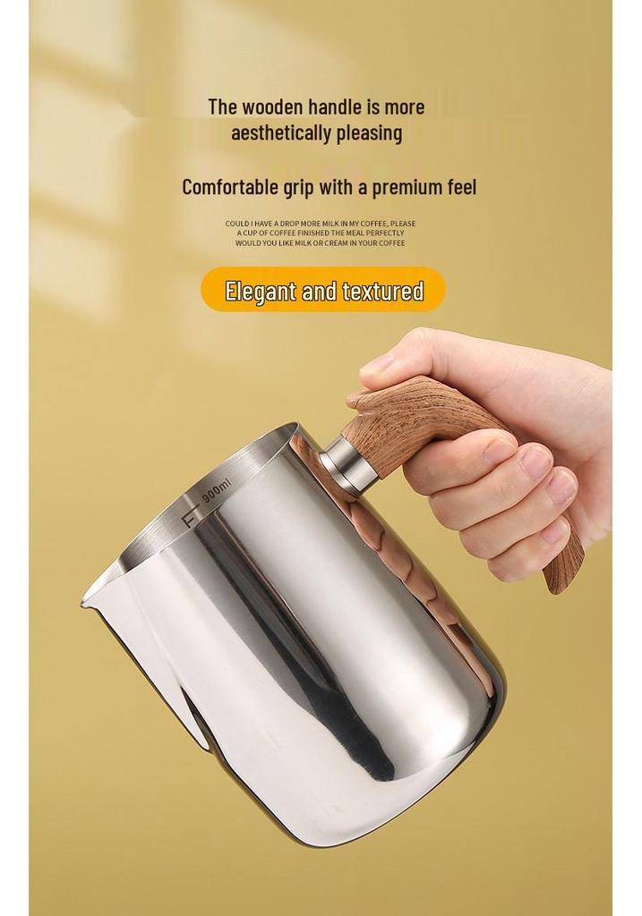 Stainless Steel Latte Art Cup with Wooden Handle and Scale - Thickened Milk Frothing Cup with Pointed Spout for Coffee Art