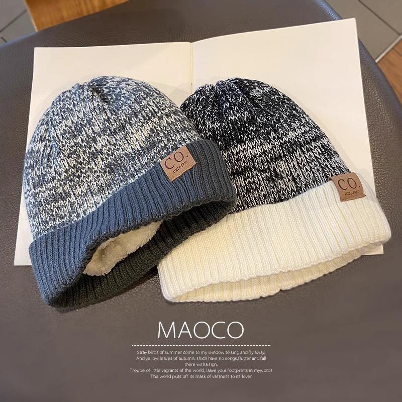 Cold hat men's autumn and winter tide warm knitted hat versatile velvet ear protector wool hat women's bag head hat