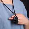 Black Obsidian Buddha Pendant Carved Design Beaded Chain Daily Wear Lucky Gift For Men Women