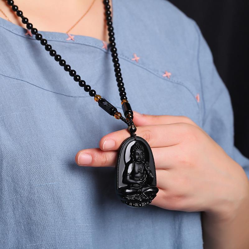Black Obsidian Buddha Pendant Carved Design Beaded Chain Daily Wear Lucky Gift For Men Women
