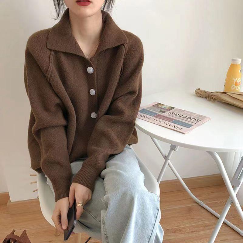 Autumn Winter Lazy Flip Collar Knitted Sweater Single breasted Sweater Women's Korean New Solid Thick Retro Long Sleeve Coat