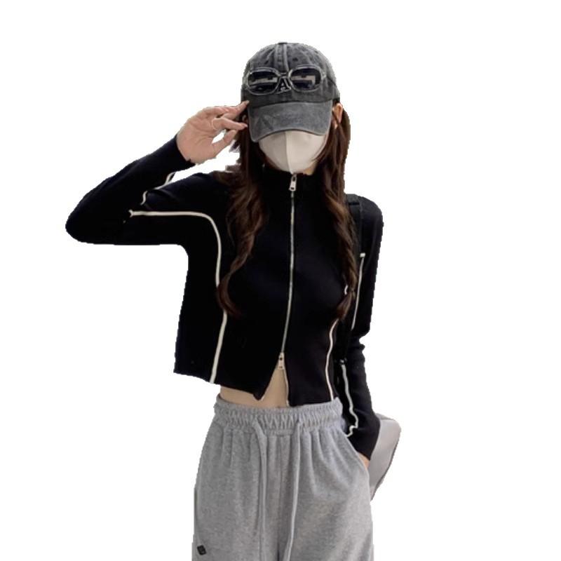 Sweater design sense niche semi-turtleneck double zipper slim-fit knitted sweater women's autumn and winter small casual short jacket