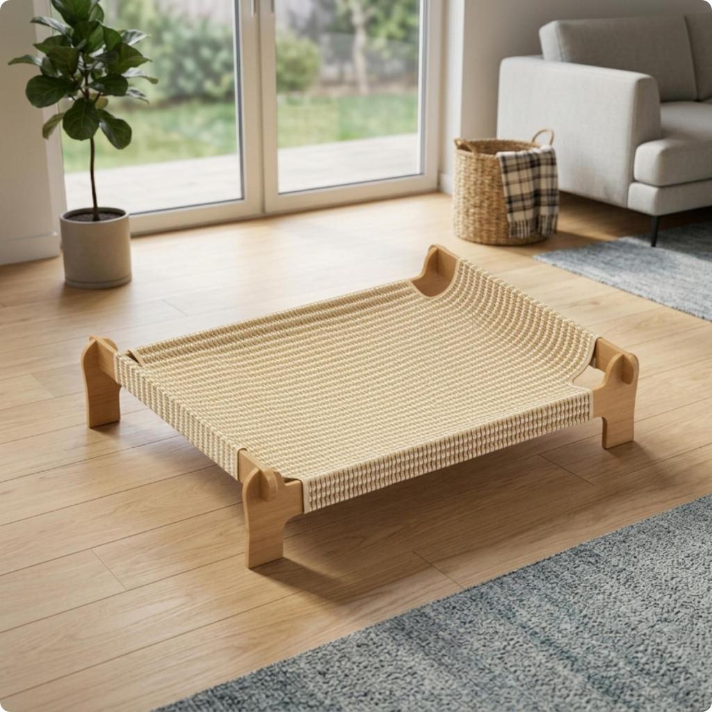 Elevated Cat Bed Raised with Wooden Frame Breathable Furniture for Kittens, Small Pets,