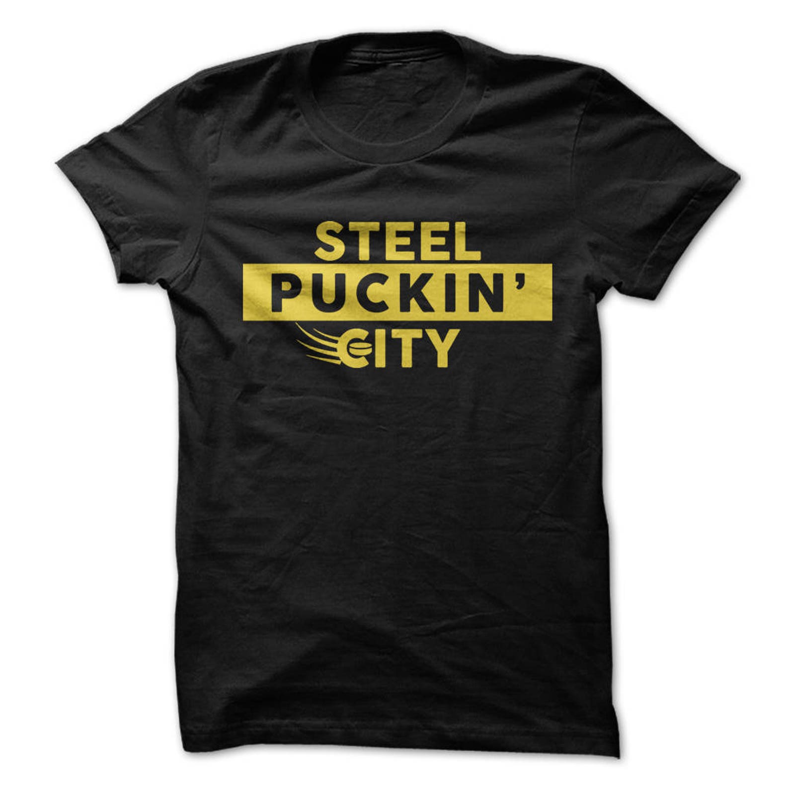Steel Puckin City T-Shirt Design - Black Shirt with Gold Print M