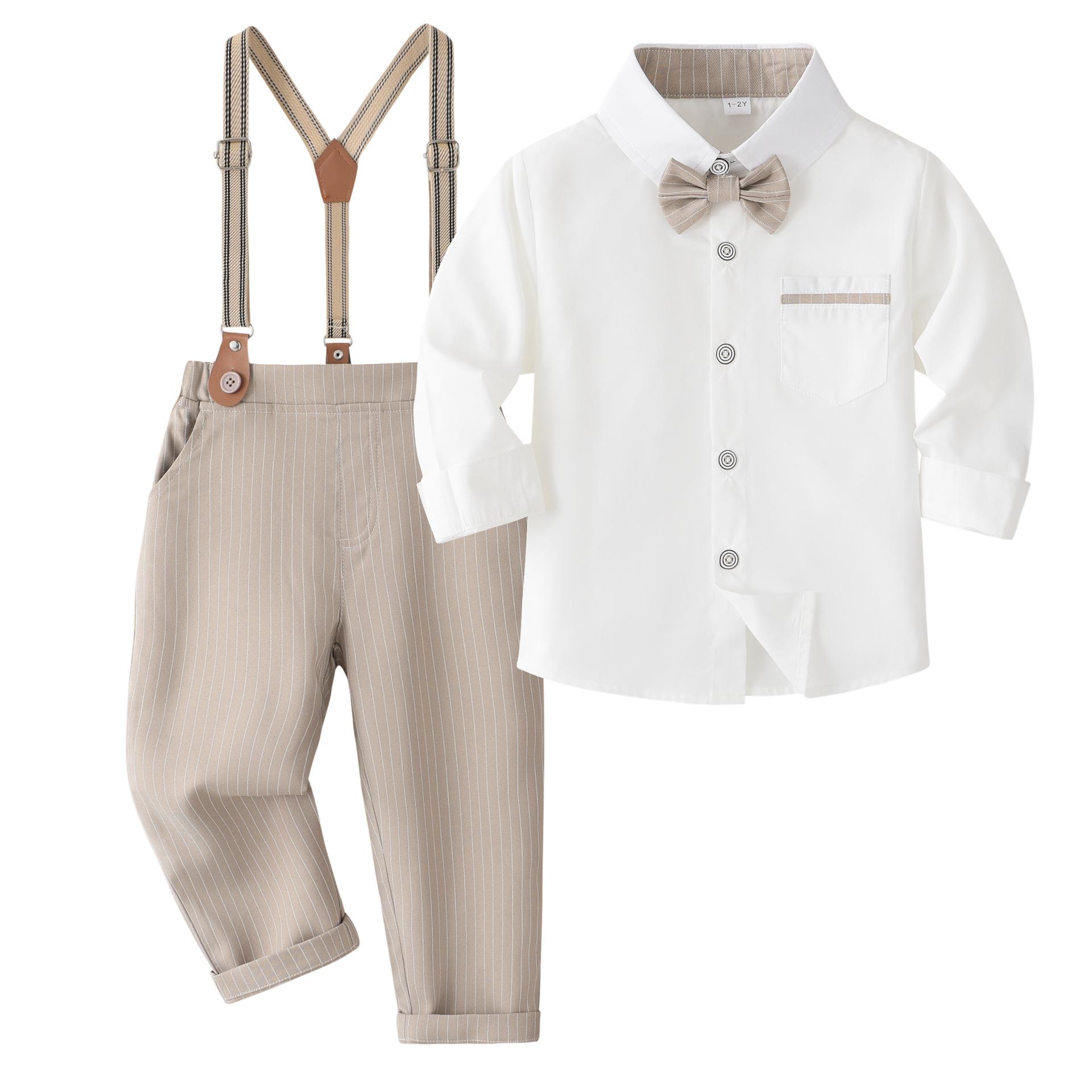 Formeller Jungenanzug: Hemd mit Fliege und Hose für Frühling/Herbst 5-6 Years khaki