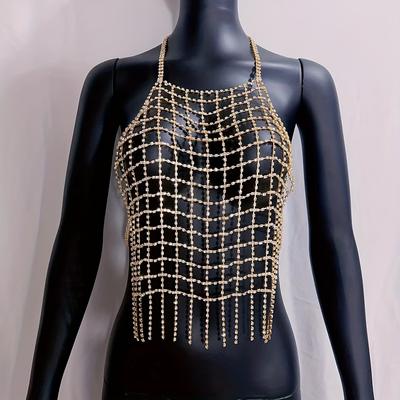Hollow Out Crop Top Body Chain Inlaid Shiny Rhinestone Exaggerated Sexy Mesh Body Chain Decoration