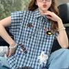 ZANZEA Women Casual Turn Down Collar Short Sleeve Loose Plaid Print Blouse