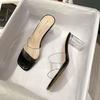 Wear high-heeled slippers 2025 women's spring one-word open-toed transparent crystal thick-heeled cool slippers show height