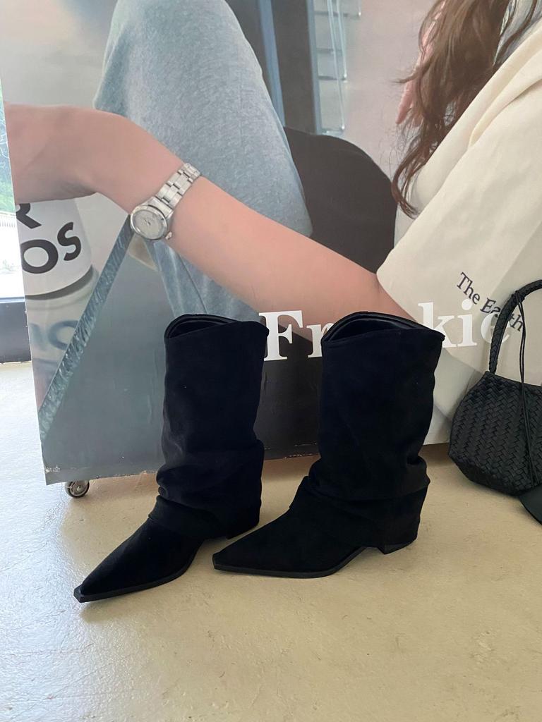 2025 spring new pointed retro suede design pleated piled boots soft leather thin trouser leg boots women