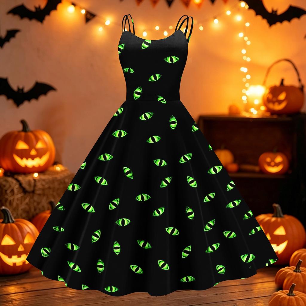 Womens Halloween Print Dress Off Shoulder Punk Style Vintage Flared Skirt Spaghetti Strap Sleeveless Dress for Party