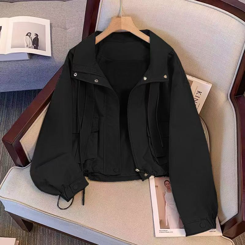 Short Hooded Jacket Women's Spring Autumn Lady Loose Thin Work Jacket Top Solid Casual Student Zipper Outwear