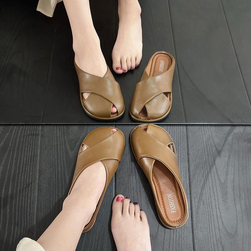 Baotou Half Slippers Women's Summer Wear 2025 New Thick-soled One-pedal Muller Shoes Flat-soled Sandals Lazy Sandals