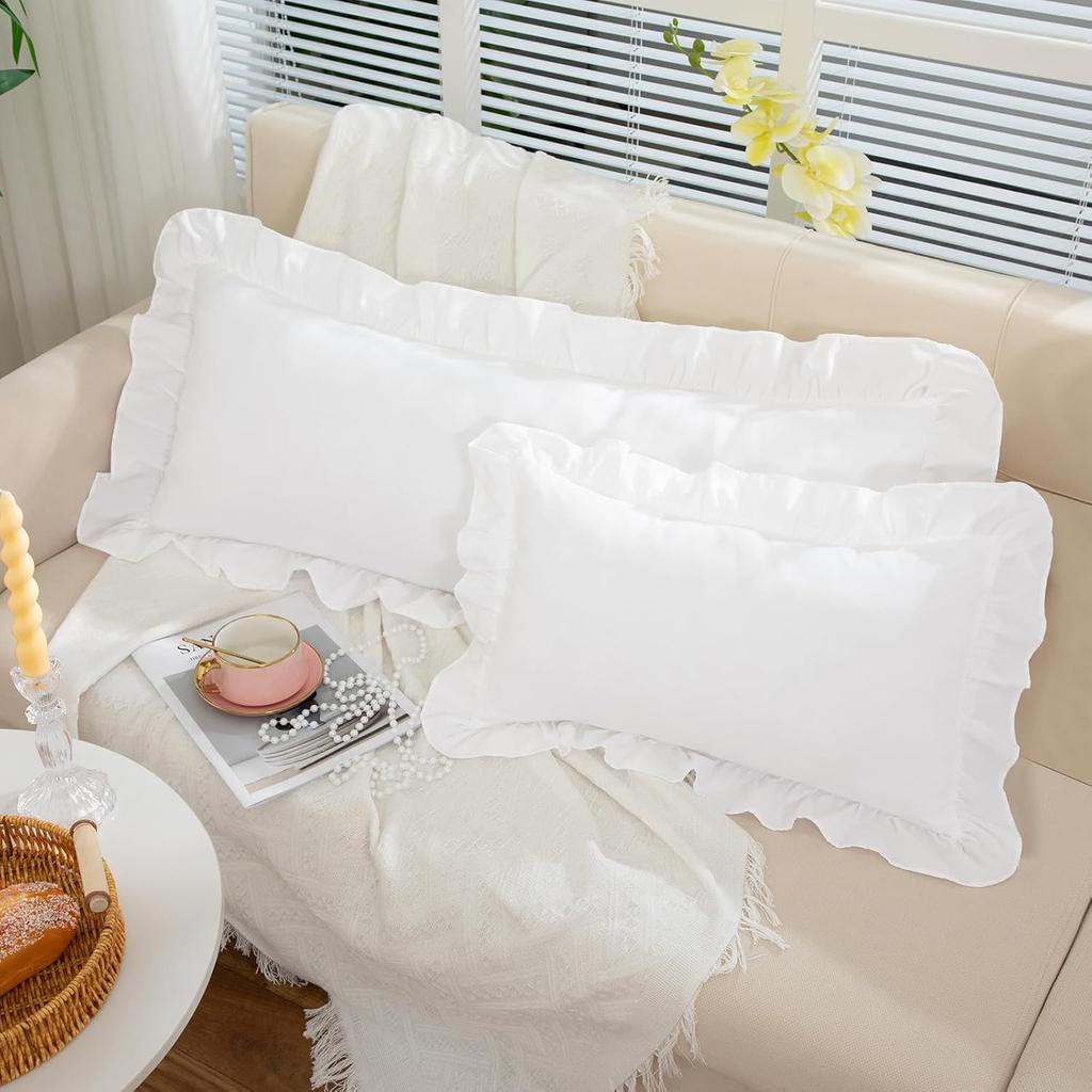 White Ruffle Lumbar Pillow Cover 12x20 Inch, Ruffled Cushion Case Covers for Couch Sofa Bed Living Room, Decorative Farmhouse Throw Pillow Cover,