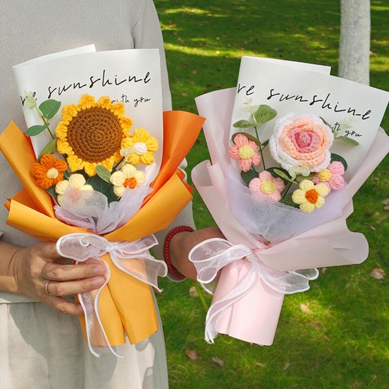 Hand Knitted Puff Flowers Artificial Woven Bouquets Crocheted Roses Sunflowers Valentine's Day Gifts Wedding Favors Home Decor