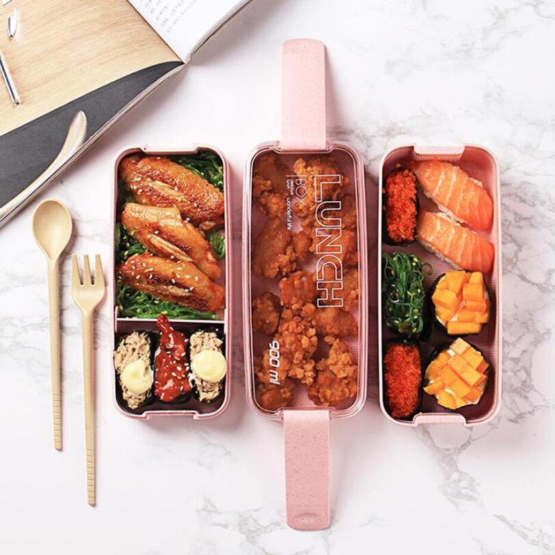 3-layer lunch box 900 ml portable wheat straw bento boxes MICRO-ONT BOX Dishwashers Tableware Food Storage School Office Feeding Container | Breakfast