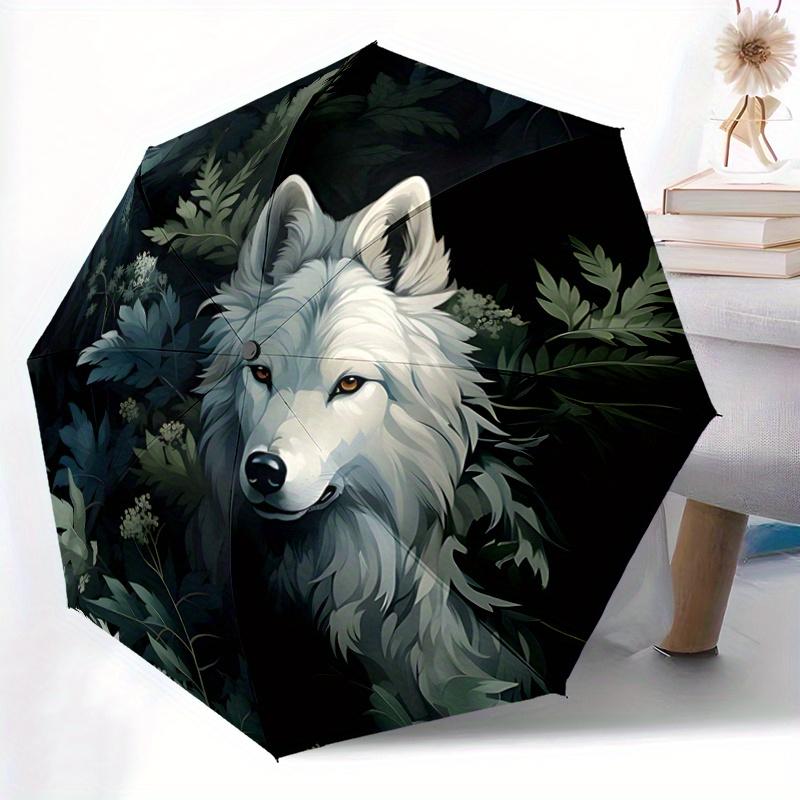 1pc White Wolf in the Enchanted Forest Automatic Opening and Closing Umbrella - Lightweight 3-Fold Design, Suitable for Fans, Travel, Daily Use,