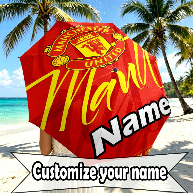 Custom Name Personalized Manchester Football F.C Print Umbrella, Auto Open Close, 8‑Rib Sturdy Frame, Commute Camping Hiking Use, Birthday Gift