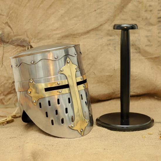 Handmade Crusader Great Helm Steel Knight Helmet with Brass Cross