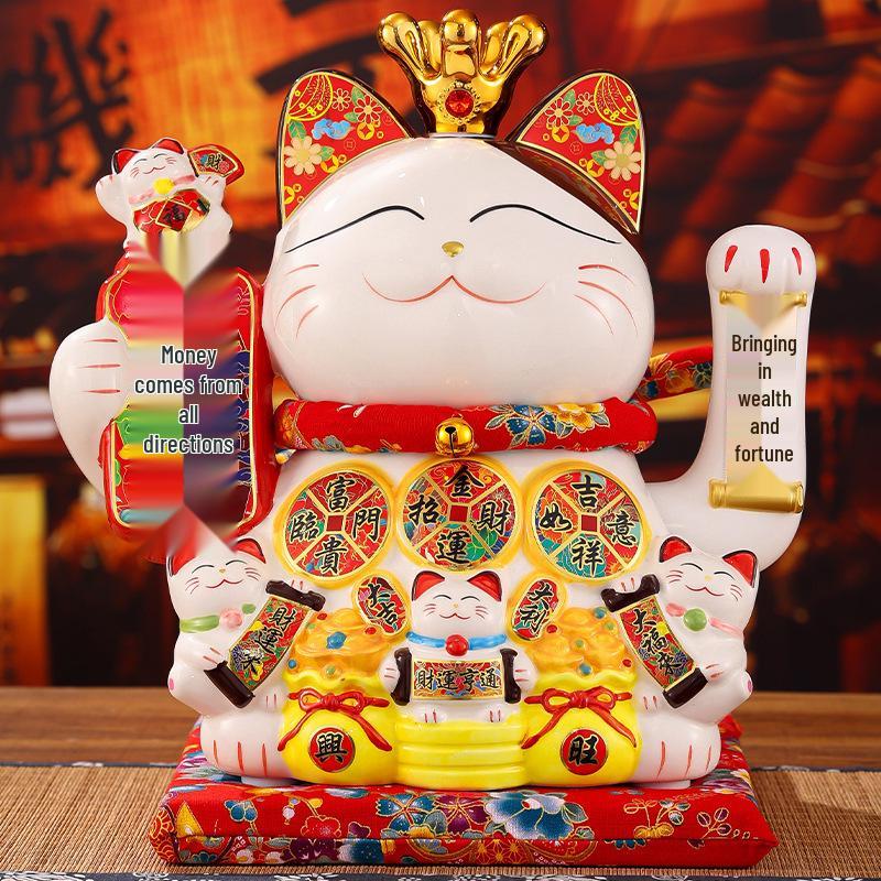 Automatic Waving Ceramic Lucky Cat Figurine - Perfect for Housewarming, Cash Register, or Living Room Decor