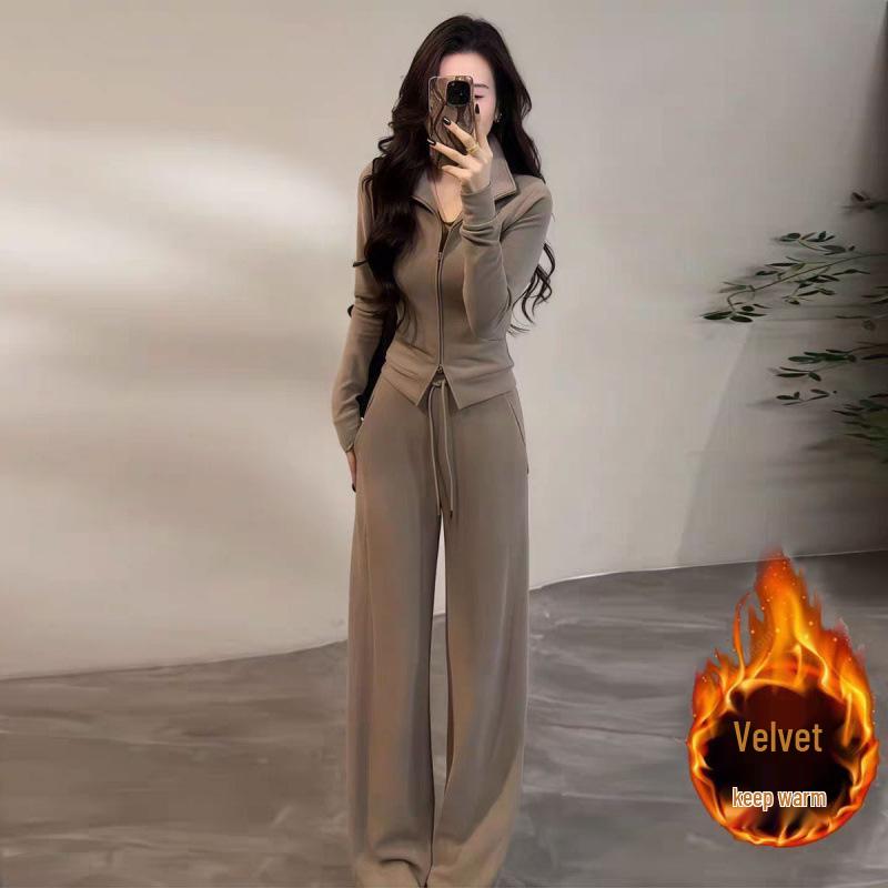 Korean Style Slimming Hoodie & Wide Leg Pants Sports Two-Piece Set for Women - 2026 Collection