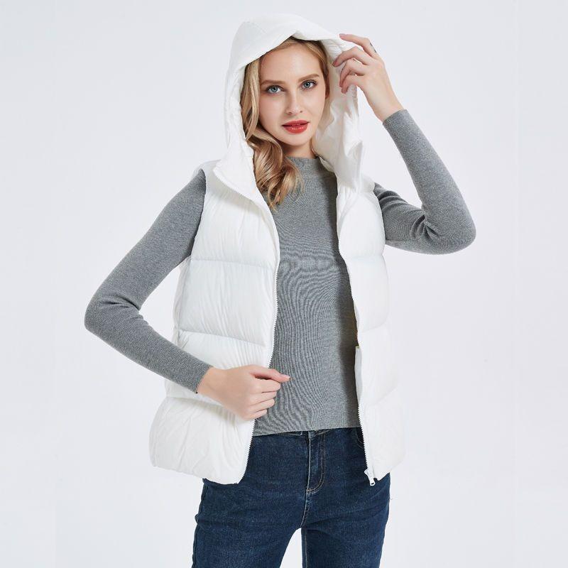 Womens Short Puffer Vest With Hood 90% White Duck Down Warm Lightweight Casual Outerwear Winter