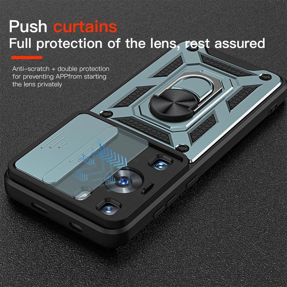 KEYSION Shockproof Armor Case for Huawei P60 Pro Slide Camera Lens Protection Ring Stand Phone Back Cover for Huawei P60 P60 Pro