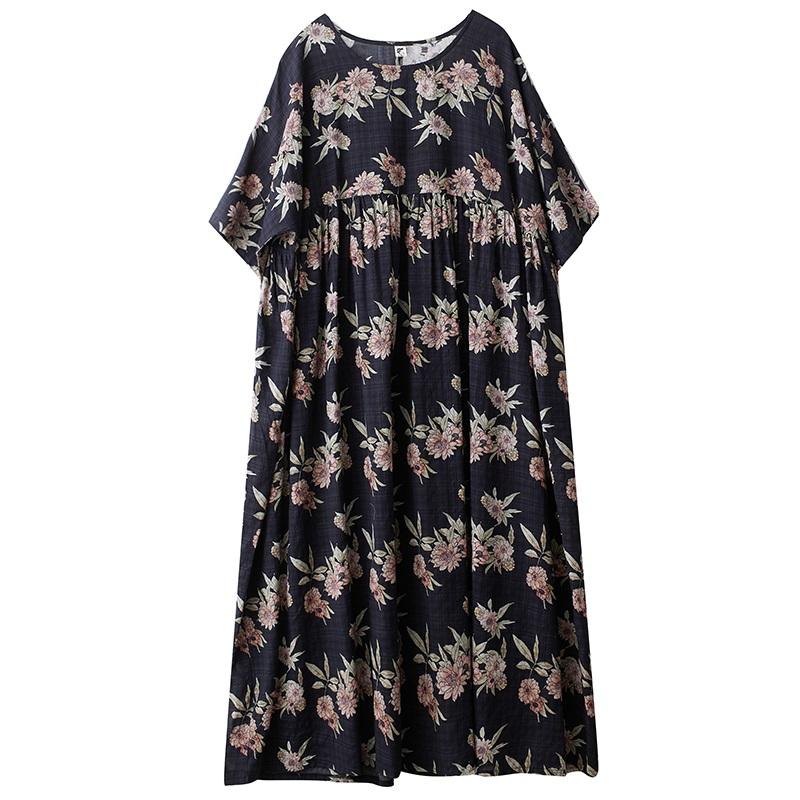 Krátký rukáv Nadměrná velikost vintage květinová novinka v šatech pro ženy ležérní volné maxi dlouhé letní šaty