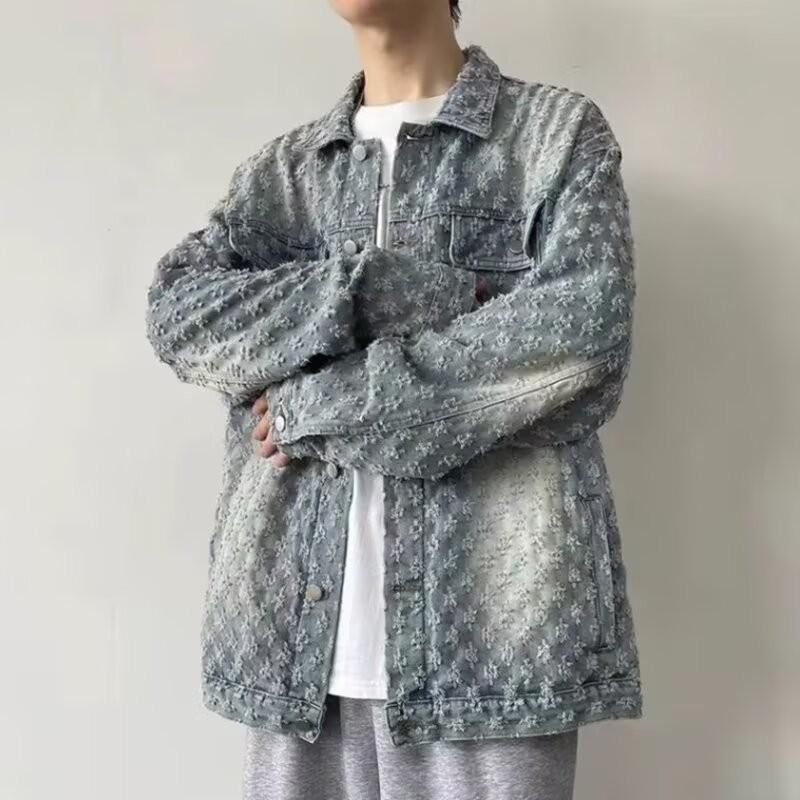 Vintage Washed Denim Jacket With Jacquard Distressed Holes Tie-Dye Unisex Streetwear