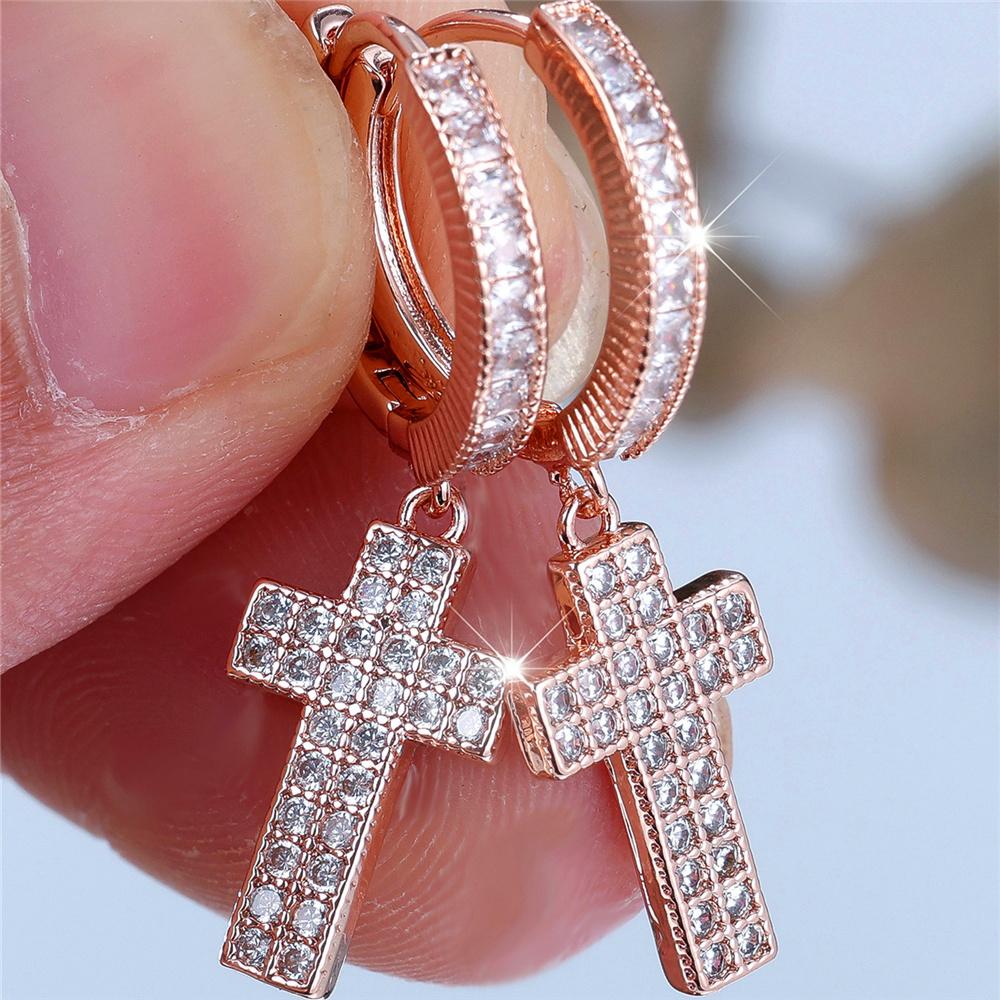 Charm Female Small White Round Zircon Cross Hoop Earrings Vintage Silver Color Simple Wedding  For Women