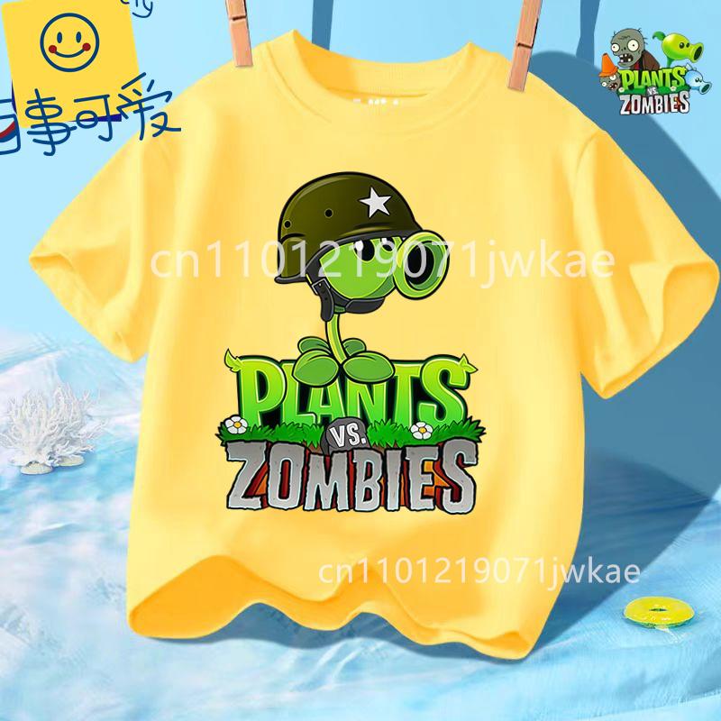 Sommer Rundhals T-Shirt für Jungen Mädchen Lässig Tägliche Kleidung Plants Vs Zombies Niedlich Kawaii Cartoon Mode Street Style 312Y