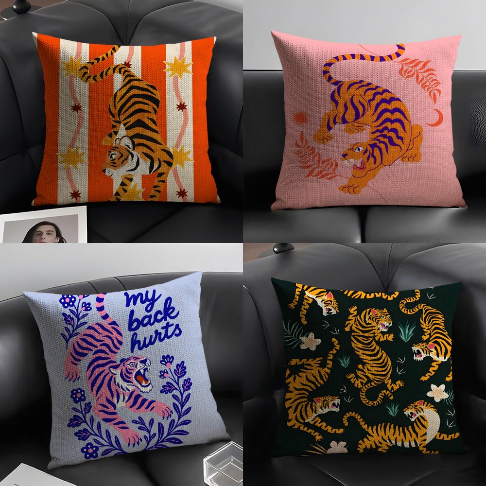 Animal Style Tiger Fashion Cushion Cover Natural Linen Organic Fabric DoubleSided Printing Sofa Home Decor Gift Pillow Case