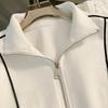 Sudadera Corta Casual a Rayas Traje Deportivo Mujer Otoño Sudadera con Cremallera Suelta Cordón Elástico Pantalones de Pierna Ancha Conjunto de Dos Piezas
