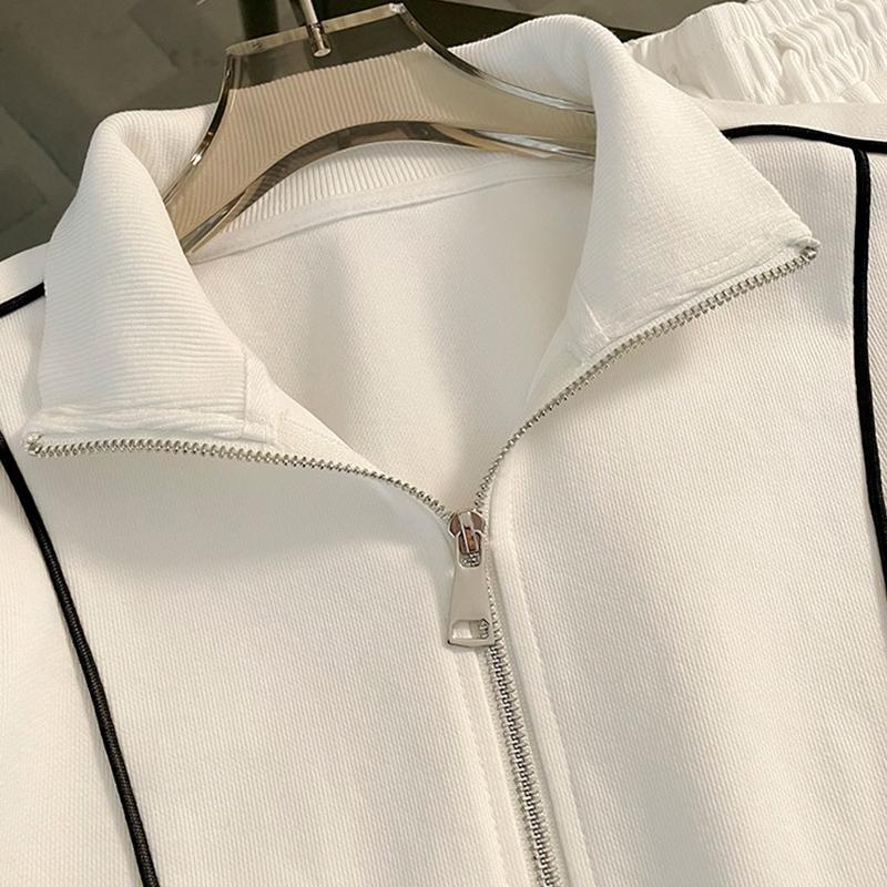 Sudadera Corta Casual a Rayas Traje Deportivo Mujer Otoño Sudadera con Cremallera Suelta Cordón Elástico Pantalones de Pierna Ancha Conjunto de Dos Piezas