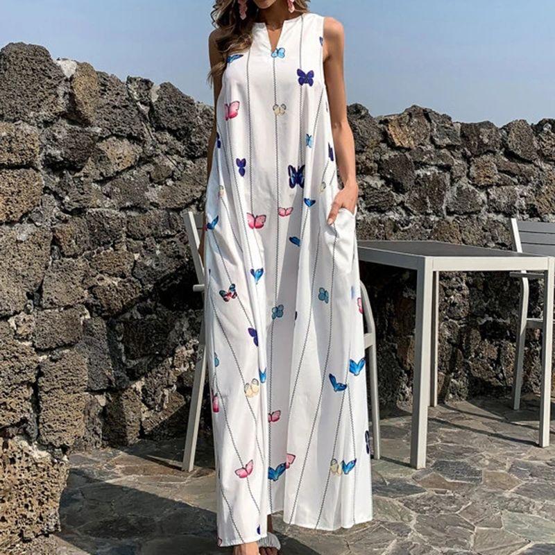 

Loose Butterfly Printed V-neck Sleeveless Pullover for Plump Girls White Plus size XL