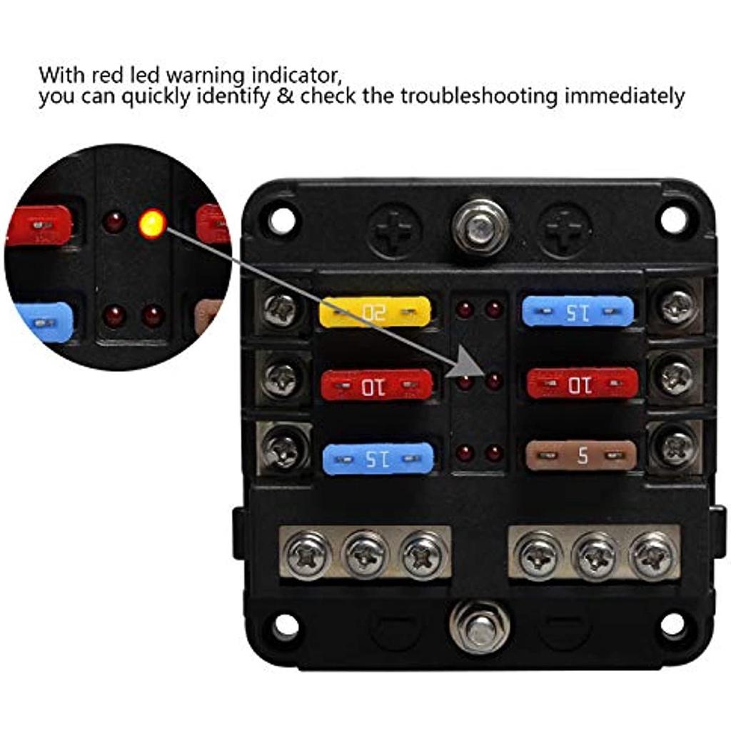 Suport siguranțe auto pentru siguranțe cu lame Cutie siguranțe auto cu 6 compartimente Suport siguranțe cu afișaj led Autobuz negativ pentru mașină barca furgonetă Suv Hgv