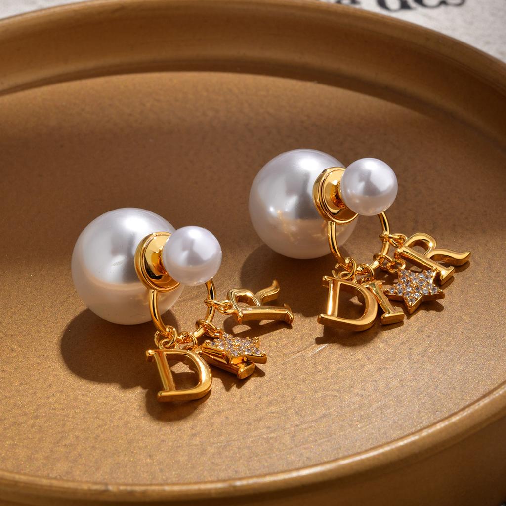French Pearl Earrings, Full Diamond Letter Studs, Classic Statement Earrings, Luxury Jewelry