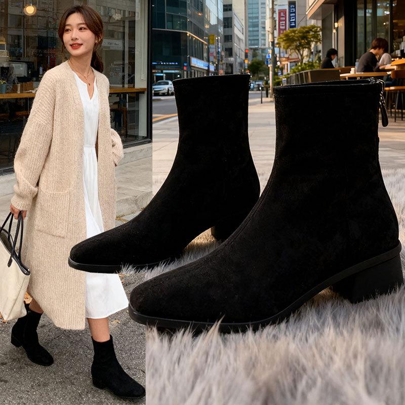 Coarse Heel Suede Korean Small Ankle Boots Women's Shoes 2025 New Autumn and Winter Velvet Martin Boots Fashionable Thin Short Boots