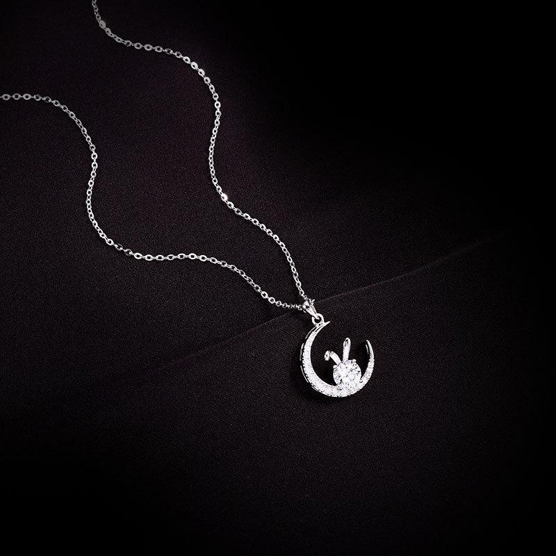 Women's Light Luxury S925 Silver Necklace with Pink Moissanite Rabbit Pendant - Jade Rabbit Zodiac Design