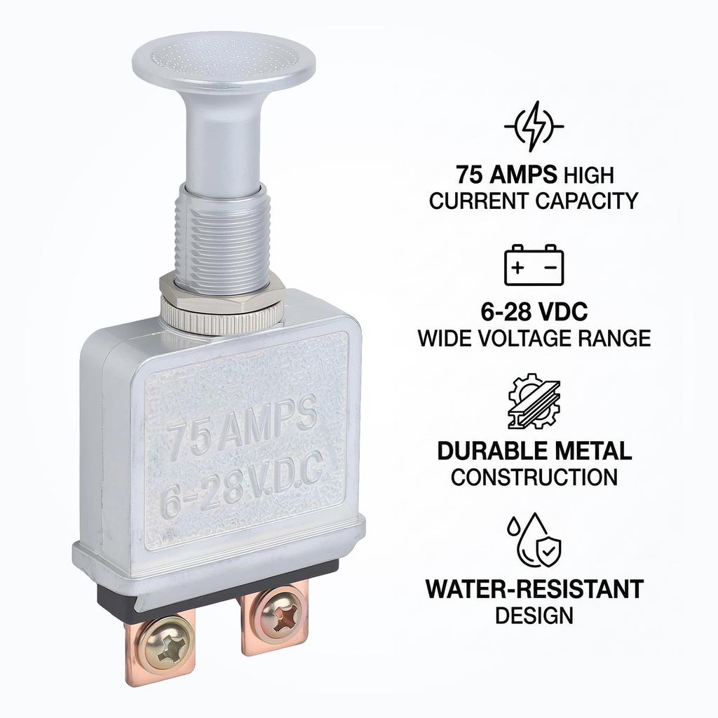 Heavy Duty Push-Pull On/Off Switch 75 AMP 6-28V DC 2 Position SPST Silver Zink Alloy For Truck Tractor Agricultural Vehicle