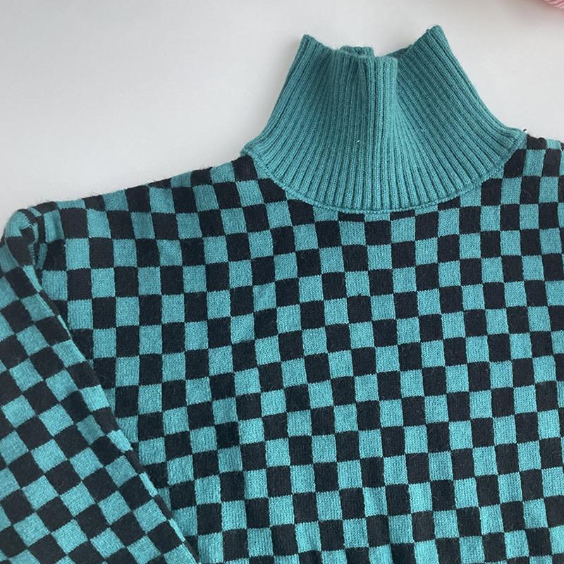 Women's Autumn and Winter Checkerboard Lapel Loose Knit Colour Block Sweater