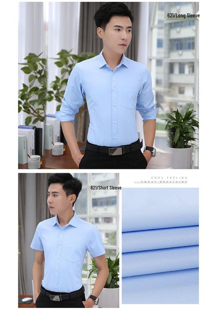 Men's White Long Sleeve Professional Business Shirt with Optional Short Sleeve and Tie