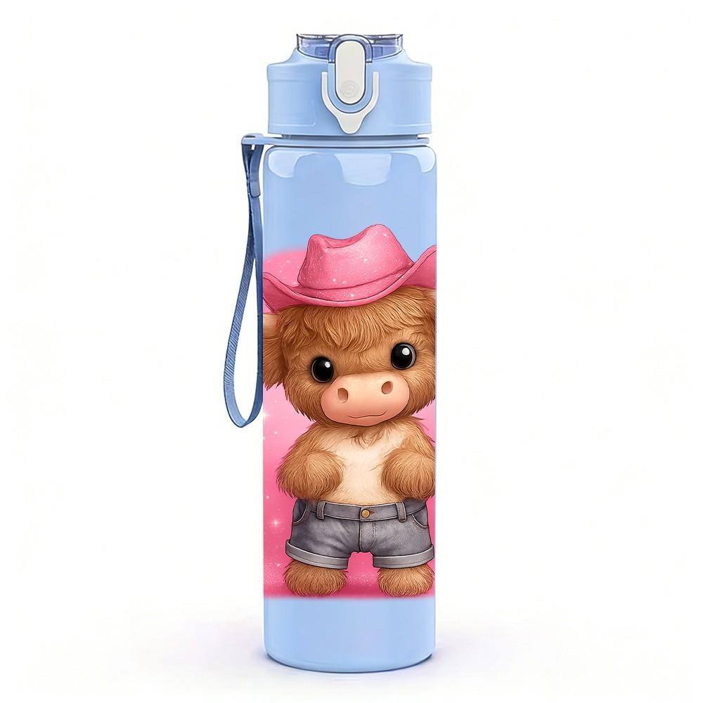 1PC Cowboy Teddy Bear Pattern 750ml Color Plastic Sports Water Bottle Leakproof Flip Straw Lid Suitable for Sports Office Home Use