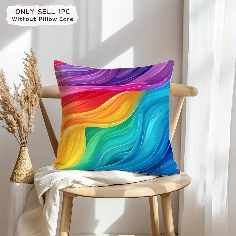 Rainbow Color Cushion Cover Soft Plush Fabric Double-Sided Printed Sofa Cushion Cover For All Seasons Home Decor Gift