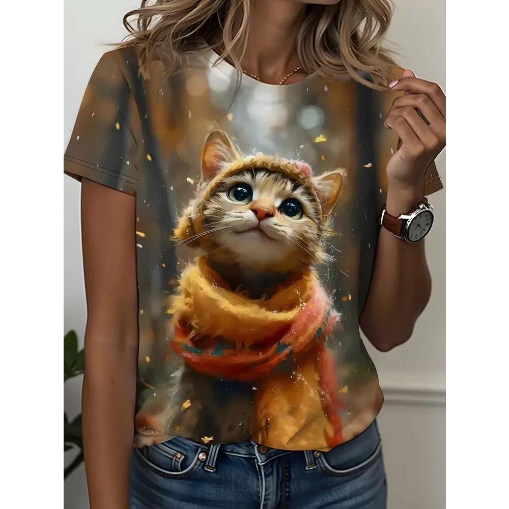 Sommer Damen 3D-Druck Rundhals T-Shirt Mode Vielseitig Atmungsaktiv Trend Lässig