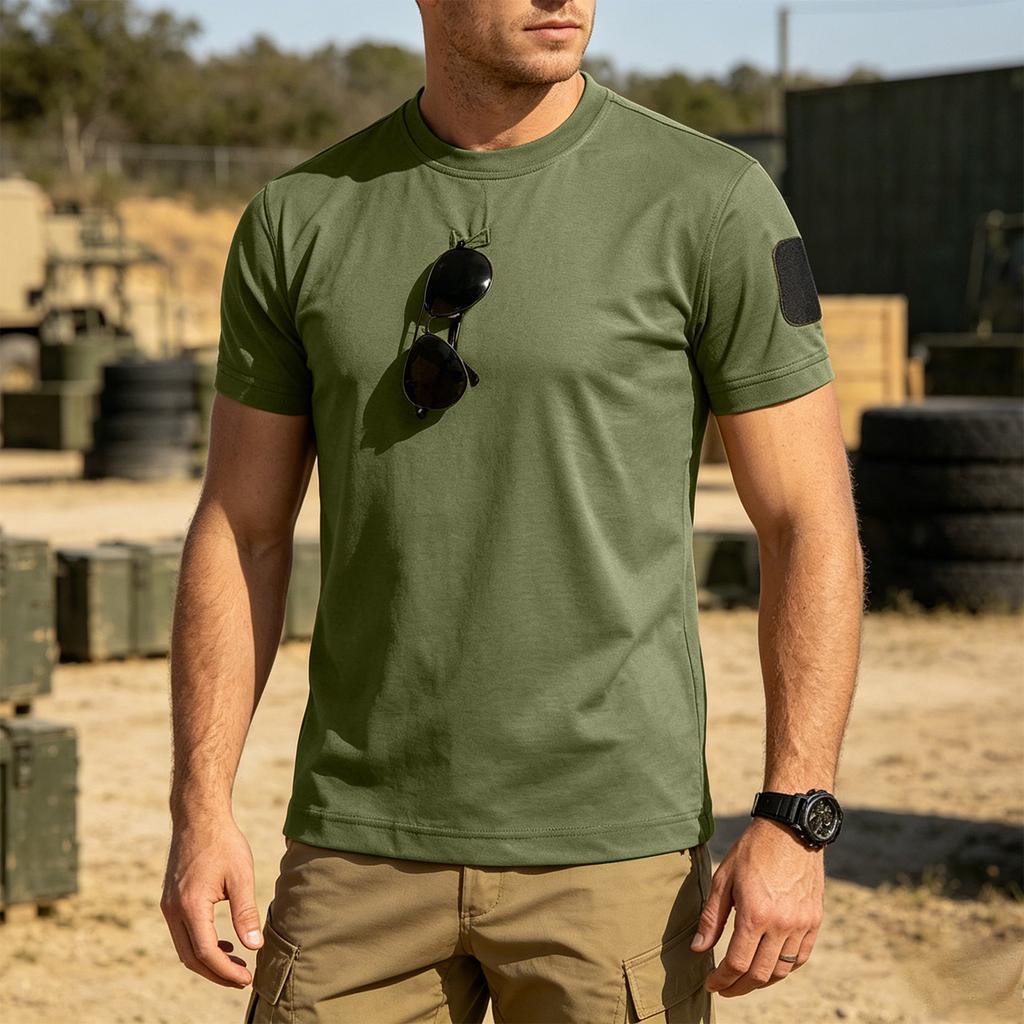Men's Tactical Outdoor Quick-Dry T-Shirt Crew Neck Loose Fit Breathable Short Sleeve with Hook and Loop Patch Area for Customization