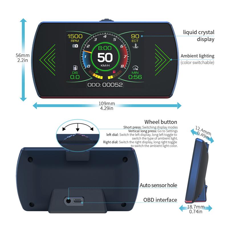 P12S Car Obd2 Head Up Display Dual System For Hud Obd Car Gauge Smart Digital Meter Speed Fuel Read Fault Code Driving Computer