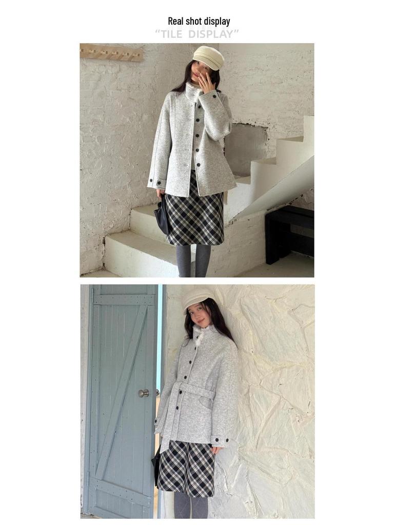 Women's Korean Retro Wool Tweed Plaid Mid-Length Skirt for Autumn/Winter