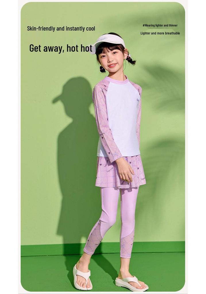 Girls' Long Sleeve Two-Piece Swimsuit, Sun Protection, 2025 New Style for Kids, Professional Training Swimwear